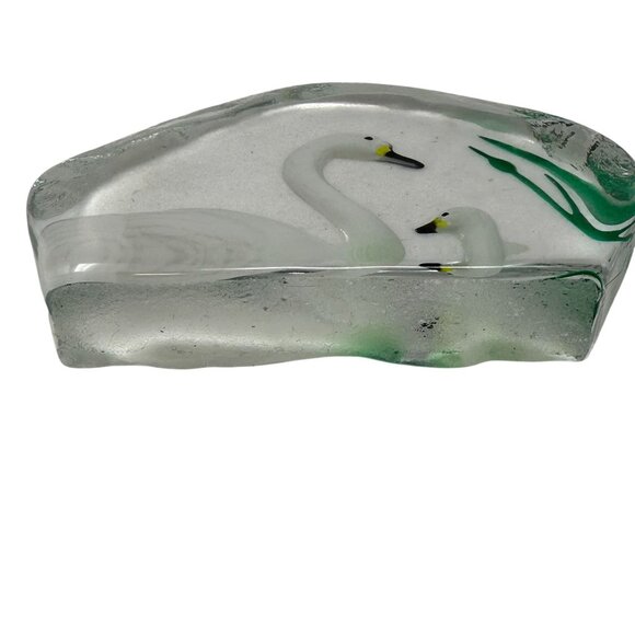 Glass Swan Cygnet Paper Weight Smooth Hand-Painted Green White Ice Block Thick - Picture 4 of 7